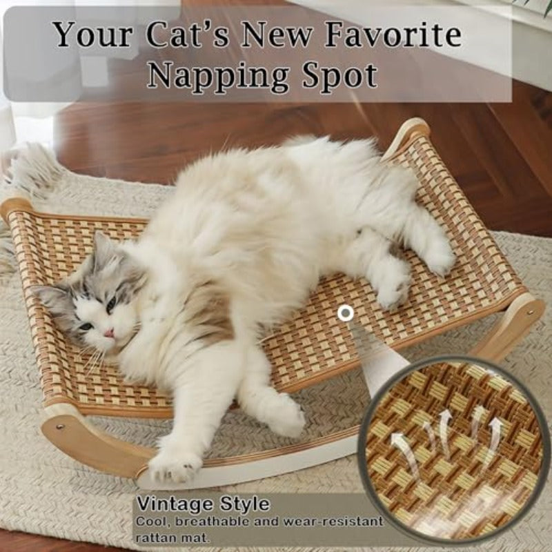 Multi-Functional Sturdy Wooden Cat Hammock Bed with Breathable Cooling Rattan Mat - Heavy-Duty Swing\u002FFixed Bed for Cats & Small Pets up to 22 lbs, \u002FOutdoor Use, Easy-Clean Design, Durable Diaper-Free Bed Frame