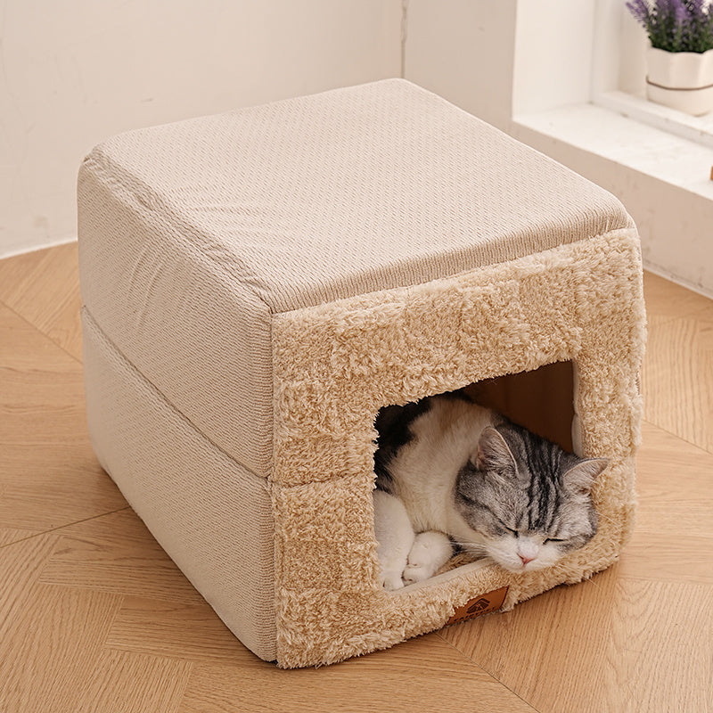 New Windproof And Warm Cat Bed - Semi-Enclosed Pet Nest for Winter, Thickened Indoor Cat Bed with Removable Washable Cushion, Safe And Cozy Cat House, Soft And Comfortable Cat Room, Suitable for All Seasons Pet Sleeping Bed, Home Pet Warming Nest