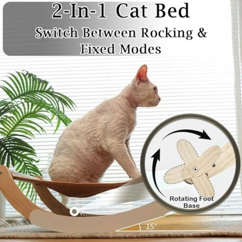 Multi-Functional Sturdy Wooden Cat Hammock Bed with Breathable Cooling Rattan Mat - Heavy-Duty Swing\u002FFixed Bed for Cats & Small Pets up to 22 lbs, \u002FOutdoor Use, Easy-Clean Design, Durable Diaper-Free Bed Frame