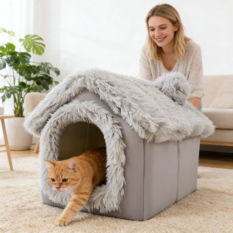 1pc Pressure-Relieving Pet Bed | High-Density Filling, Semi-Enclosed Canopy, Ideal for Study Room Companionship, Plush Warm Dog and Cat Cozy Sleeping Pad