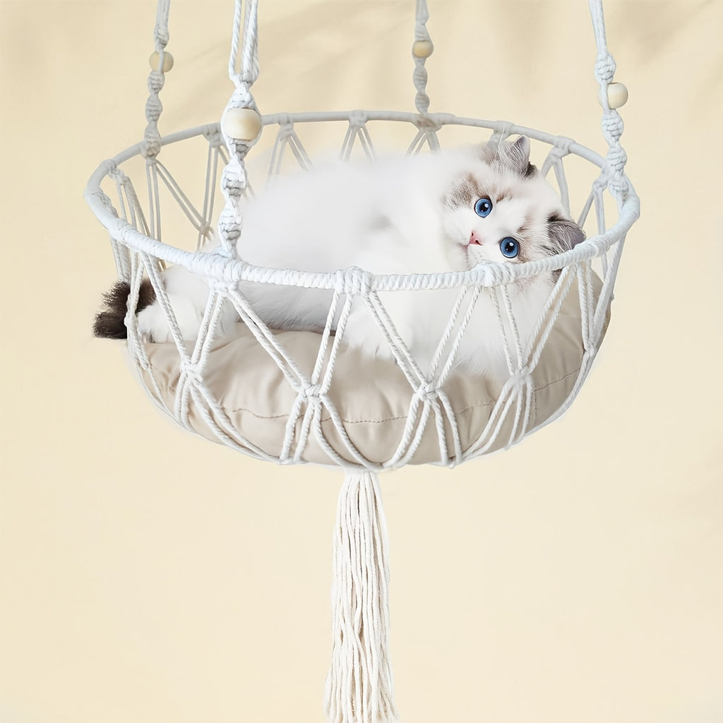 2pcs Hand-Woven Cat Hammock & Mat Set - Handmade Hand-Woven Look Suitable for Cats, Removable Cover & Mat, No Assembly Required, Durable \u002FOutdoor Pet Bed - Cozy Hanging Nest for Small Pets