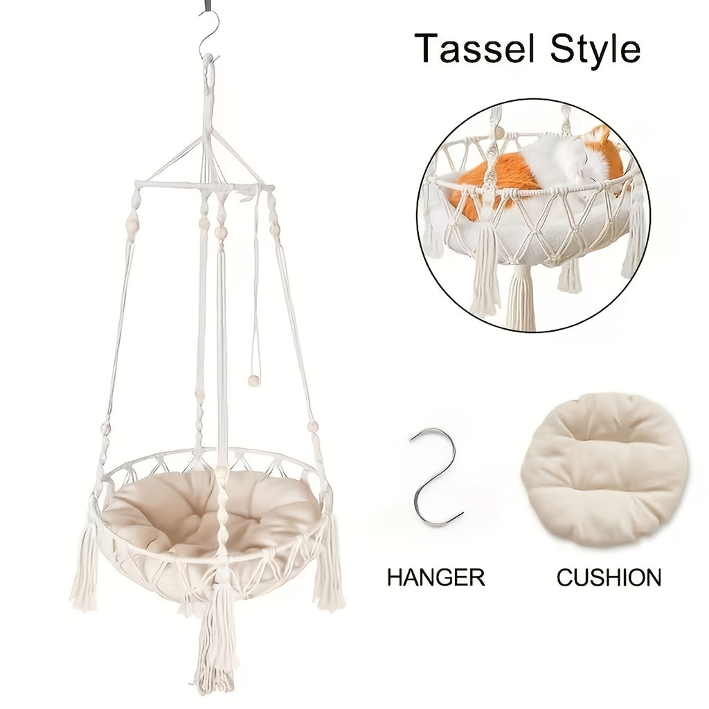 2pcs Hand-Woven Cat Hammock & Mat Set - Handmade Hand-Woven Look Suitable for Cats, Removable Cover & Mat, No Assembly Required, Durable \u002FOutdoor Pet Bed - Cozy Hanging Nest for Small Pets
