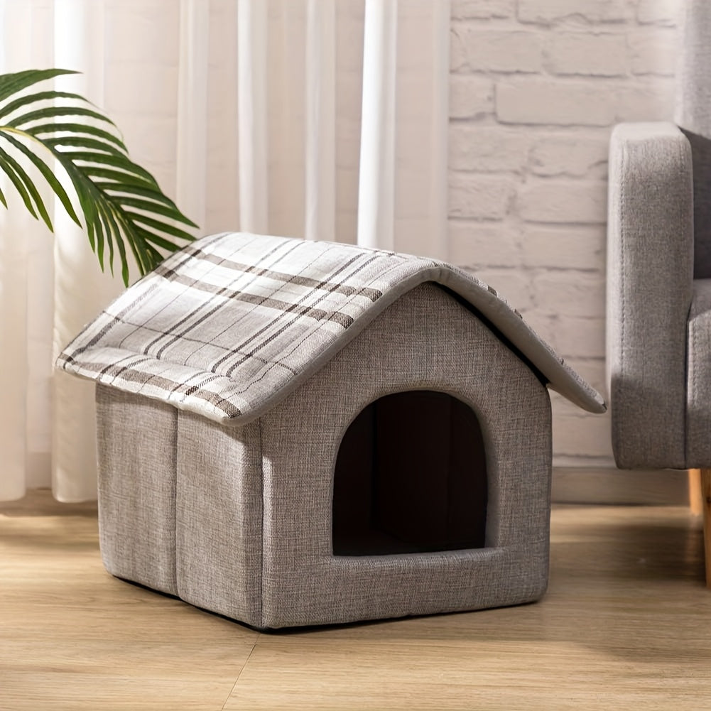Cozy Pet Sleeping House, Warm Cave-Style Bed for Puppies And Cats, Light Grey Winter Nest for Cats, Suitable for All Seasons, Enclosed Kitten Bed with Removable Additions