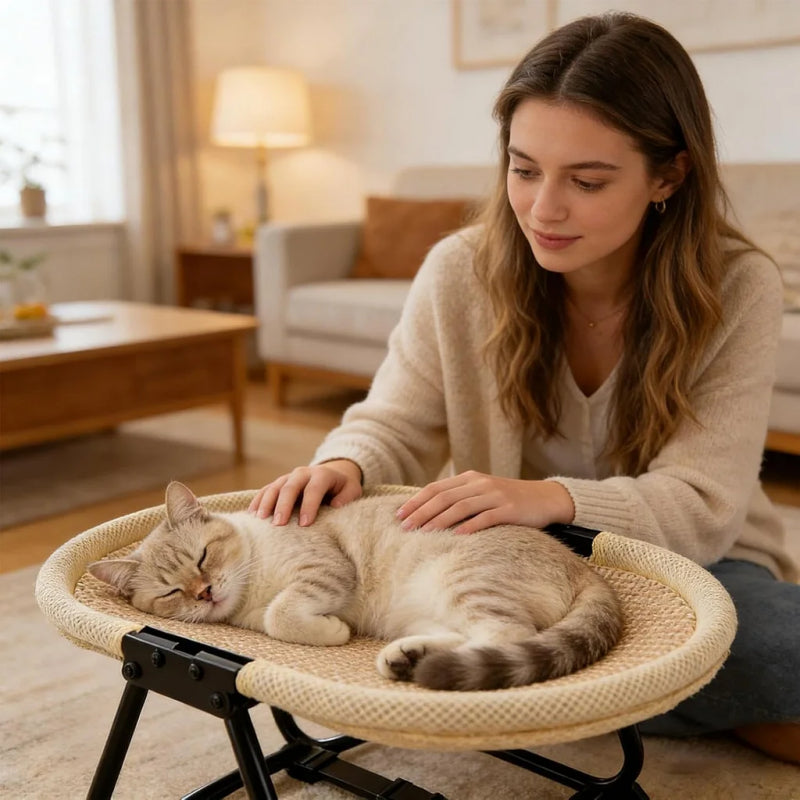 Elevated Pet Bed for Cats& Small Dogs, Foldable Raised Cat Cot with Washable Plush& Mesh Fabric, All-Season Breathable Pet Hammock Bed, Moisture-Proof Pet Sofa with Stable Metal Frame, 2 Colors Available