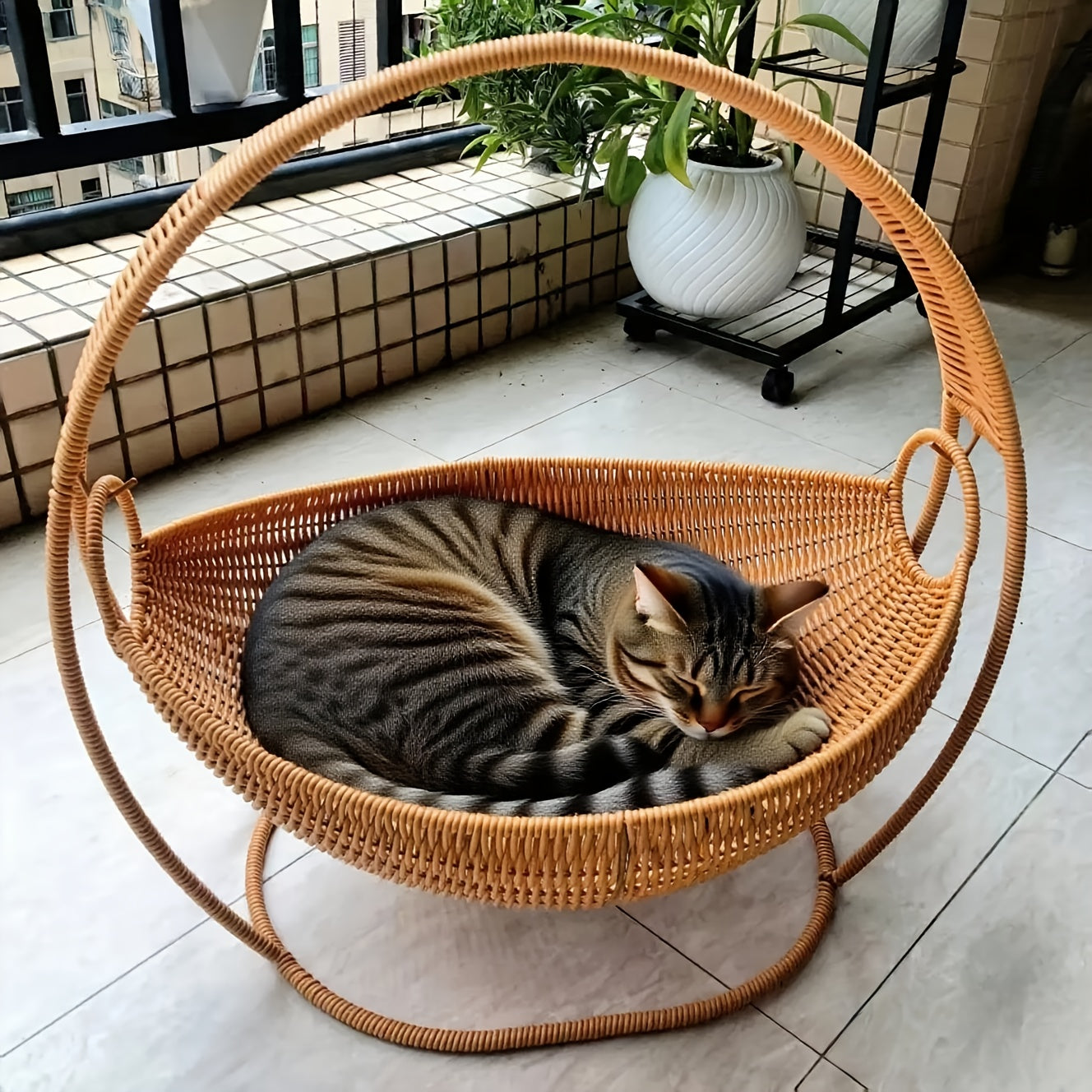 Large Handwoven Household Cat Hammock, Easy to Assemble, Hand-knitted Cat Basket Bed, Cat Swing Bed, Cat Sleeping Bed, Durable and Comfortable Indoor Pet Bed, Stylish Home Decor, Hammock with Stand, Suitable for Cats, Dogs, and Other Small