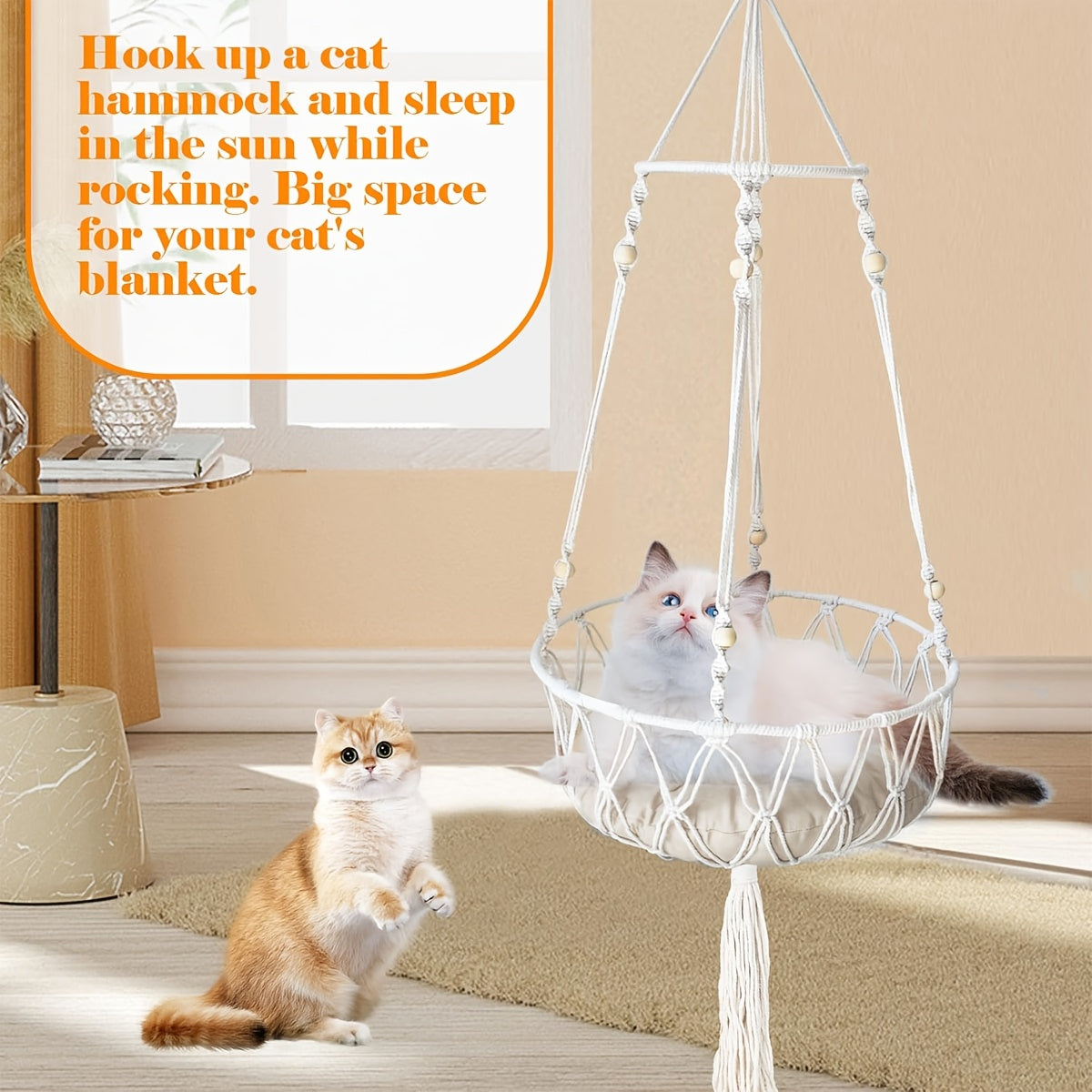 2pcs Hand-Woven Cat Hammock & Mat Set - Handmade Hand-Woven Look Suitable for Cats, Removable Cover & Mat, No Assembly Required, Durable \u002FOutdoor Pet Bed - Cozy Hanging Nest for Small Pets