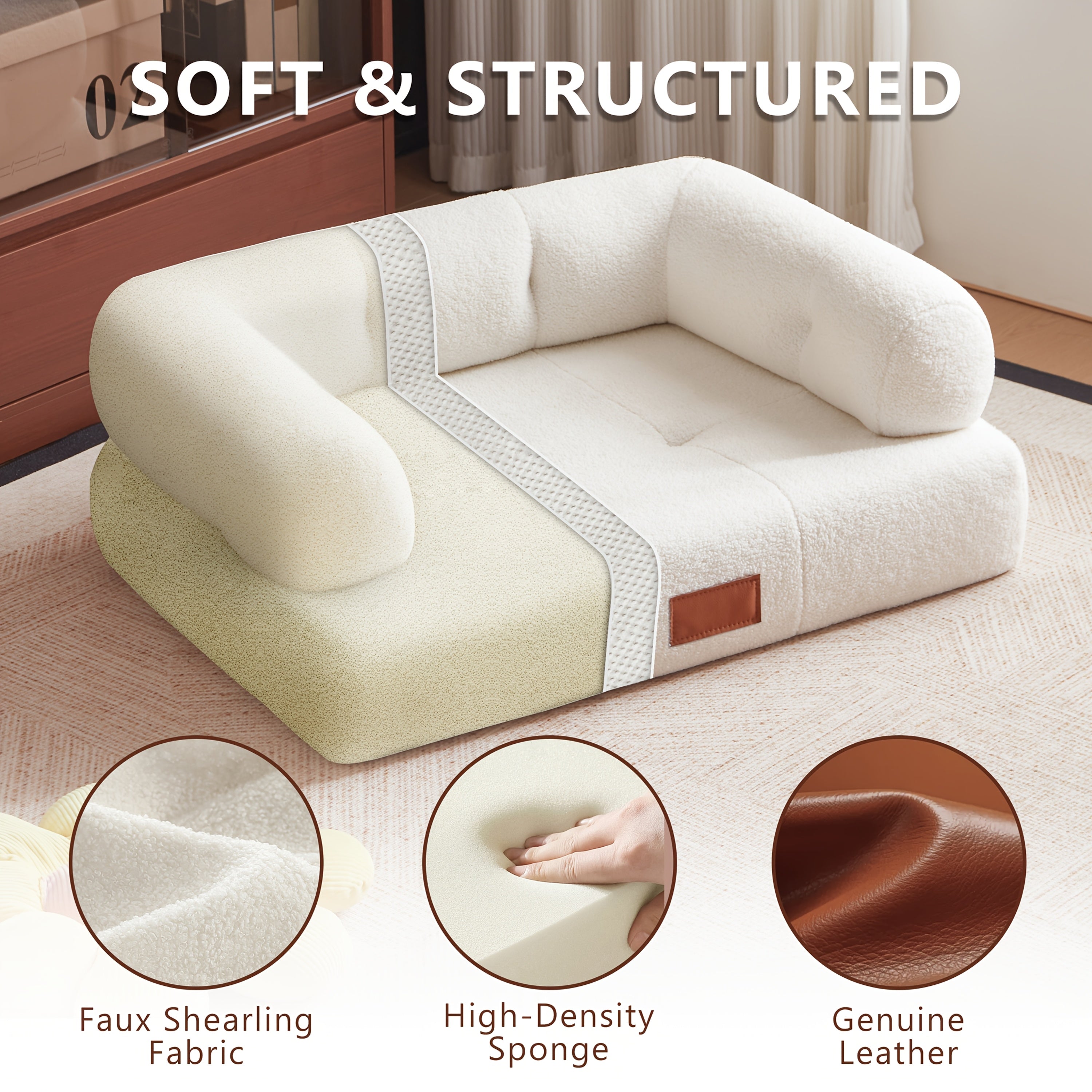 33.9-Inch Faux Pet Bed\u002FSofa with Leather Tag, Ideal for Cats And Dogs Weighing Up to 70 Pounds, Stylish White Cat Sofa Furniture, Perfect for Living Room And Bedroom