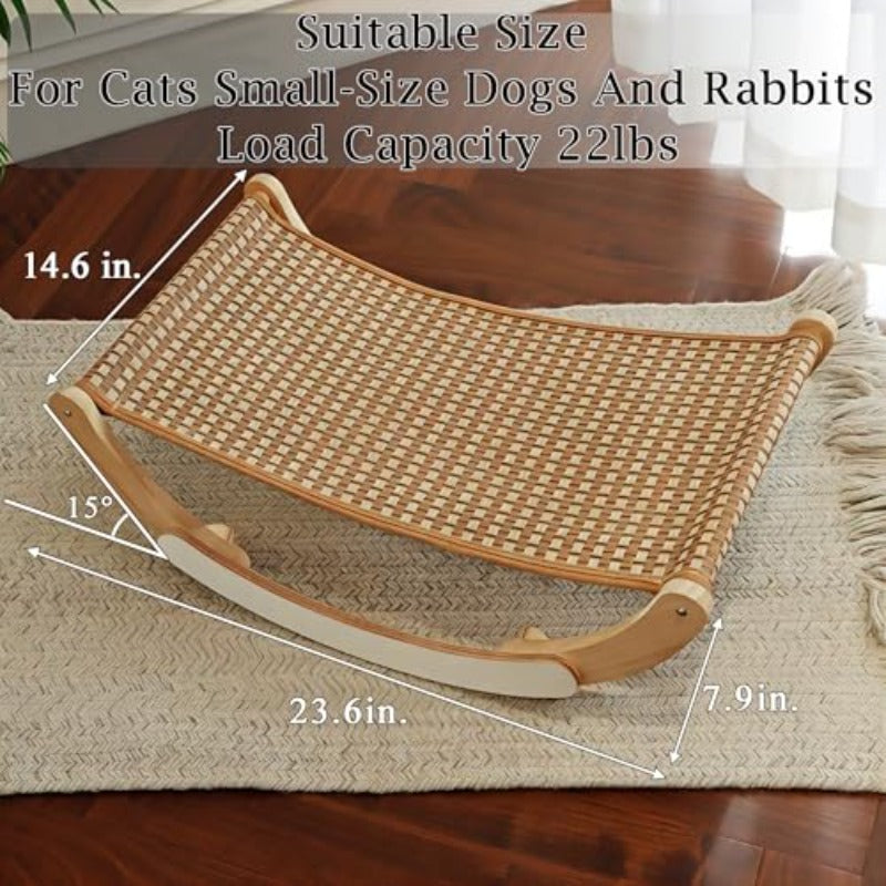 Multi-Functional Sturdy Wooden Cat Hammock Bed with Breathable Cooling Rattan Mat - Heavy-Duty Swing\u002FFixed Bed for Cats & Small Pets up to 22 lbs, \u002FOutdoor Use, Easy-Clean Design, Durable Diaper-Free Bed Frame