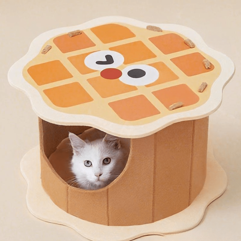 Foldable Enclosed Cat Tunnel Bed - Waffle Design Cat House with Felt Hideaway Bed, Peekaboo Cat Caves & Scratch-Resistant Tunnel Suitable for Indoor Cats, Assembly Contemporary Pet Shelter