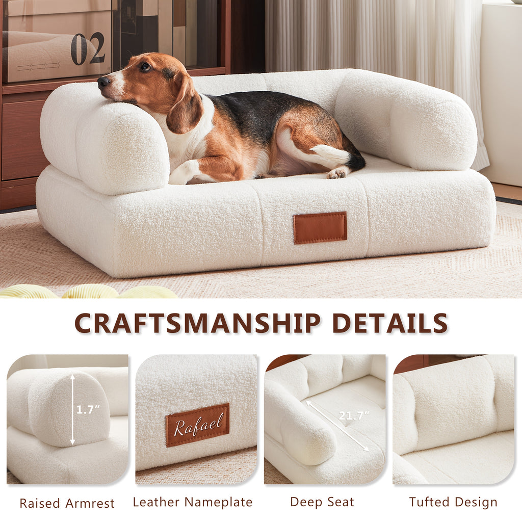 33.9-Inch Faux Pet Bed\u002FSofa with Leather Tag, Ideal for Cats And Dogs Weighing Up to 70 Pounds, Stylish White Cat Sofa Furniture, Perfect for Living Room And Bedroom