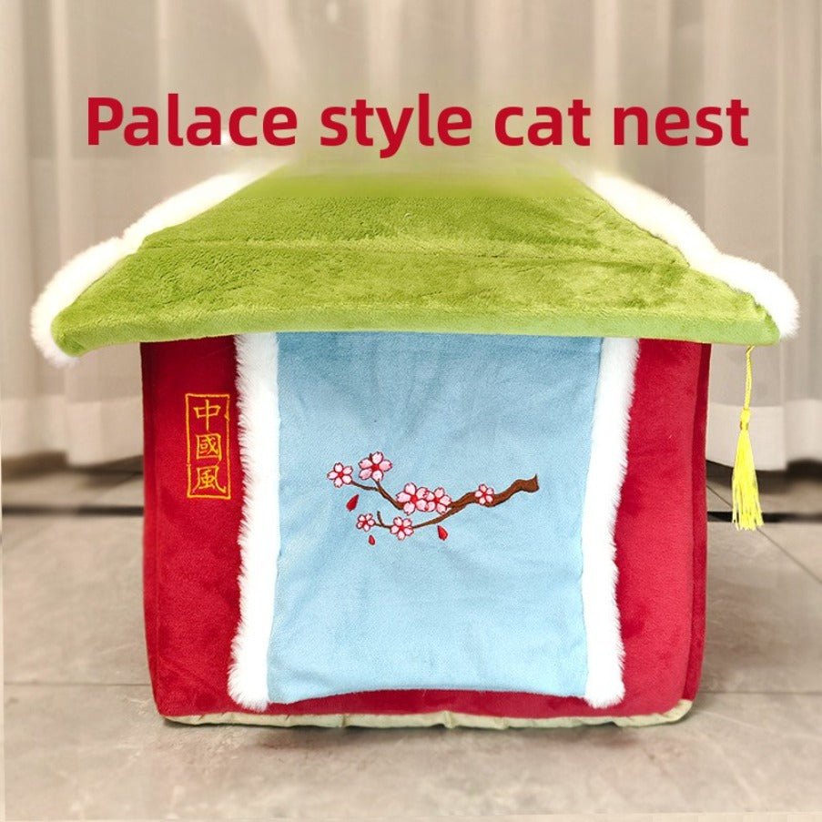 A Traditional Chinese-Style Cat Shelter, Completely Enclosed, Also Suitable for Small Dogs, Includes a Sleeping Mat for Dogs, Provides Warmth in Winter, Features a Japanese Design, Is Removable And Washable