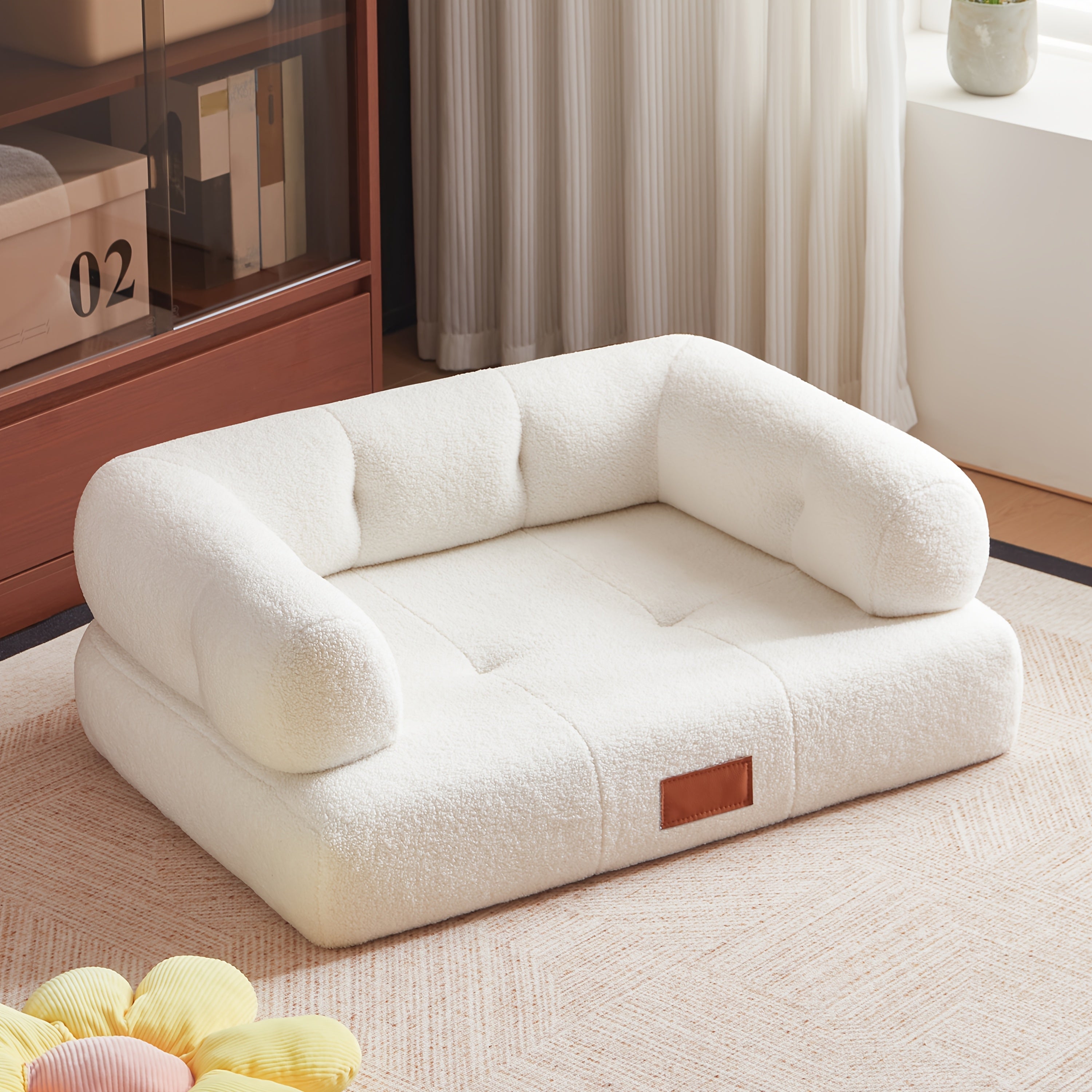 33.9-Inch Faux Pet Bed\u002FSofa with Leather Tag, Ideal for Cats And Dogs Weighing Up to 70 Pounds, Stylish White Cat Sofa Furniture, Perfect for Living Room And Bedroom