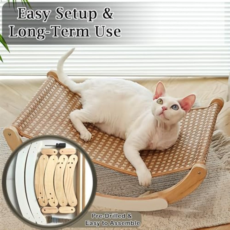 Multi-Functional Sturdy Wooden Cat Hammock Bed with Breathable Cooling Rattan Mat - Heavy-Duty Swing\u002FFixed Bed for Cats & Small Pets up to 22 lbs, \u002FOutdoor Use, Easy-Clean Design, Durable Diaper-Free Bed Frame