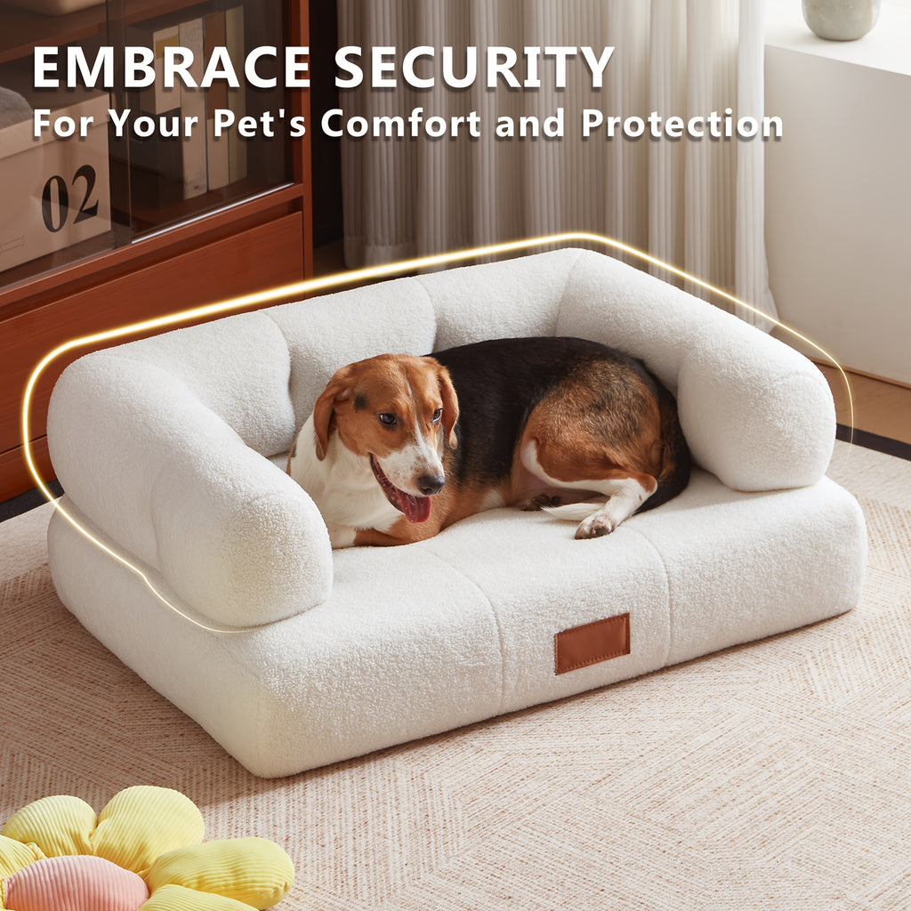 33.9-Inch Faux Pet Bed\u002FSofa with Leather Tag, Ideal for Cats And Dogs Weighing Up to 70 Pounds, Stylish White Cat Sofa Furniture, Perfect for Living Room And Bedroom