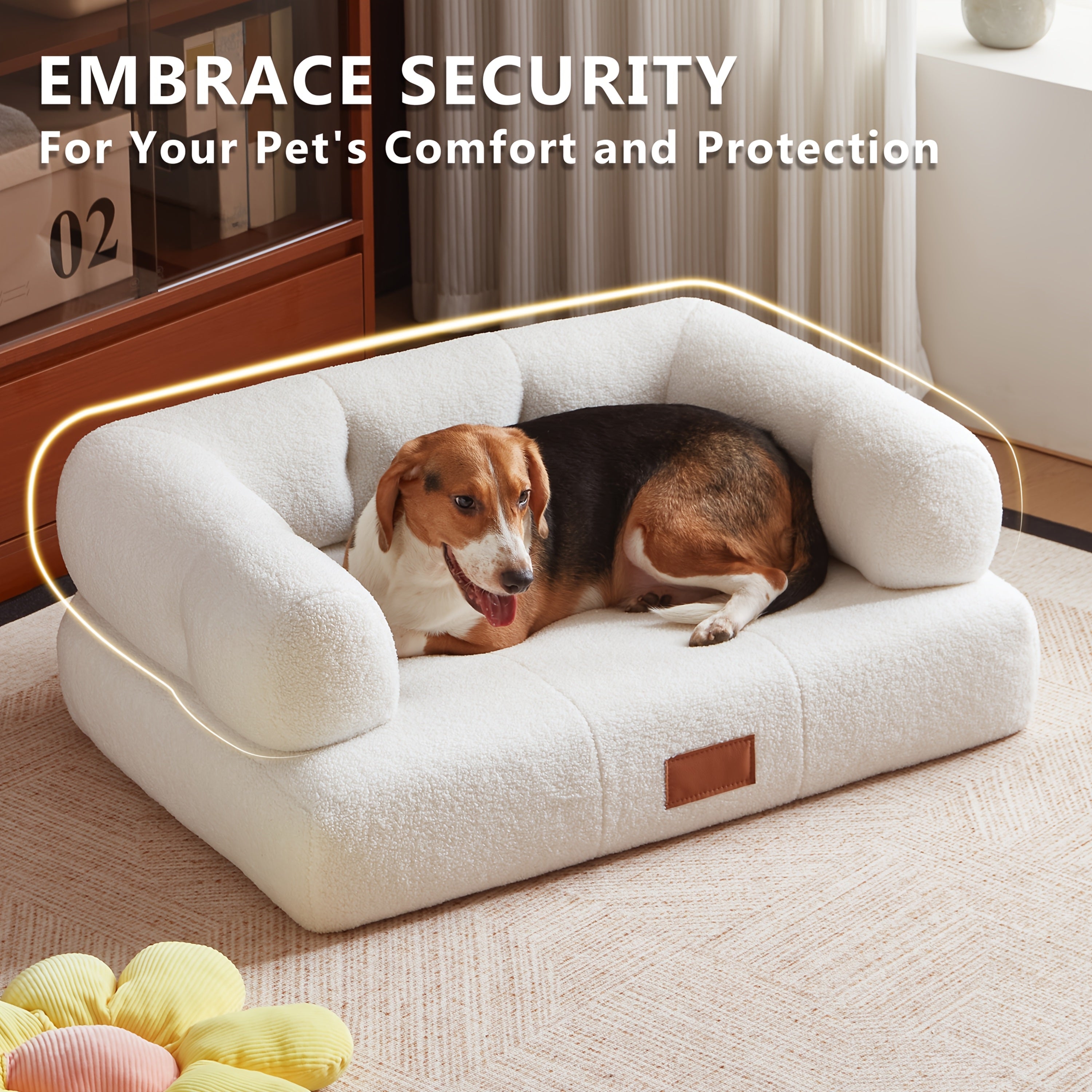 33.9-Inch Faux Pet Bed\u002FSofa with Leather Tag, Ideal for Cats And Dogs Weighing Up to 70 Pounds, Stylish White Cat Sofa Furniture, Perfect for Living Room And Bedroom