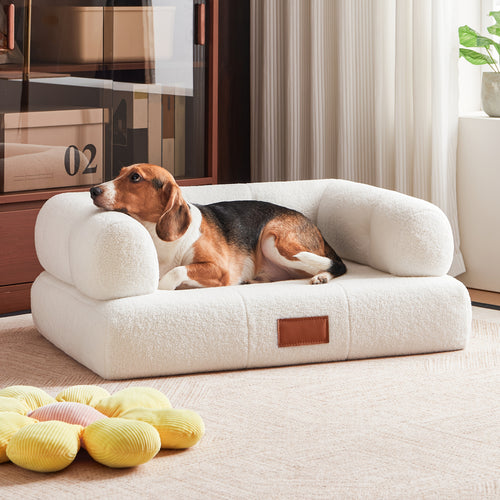 33.9-Inch Faux Pet Bed\u002FSofa with Leather Tag, Ideal for Cats And Dogs Weighing Up to 70 Pounds, Stylish White Cat Sofa Furniture, Perfect for Living Room And Bedroom