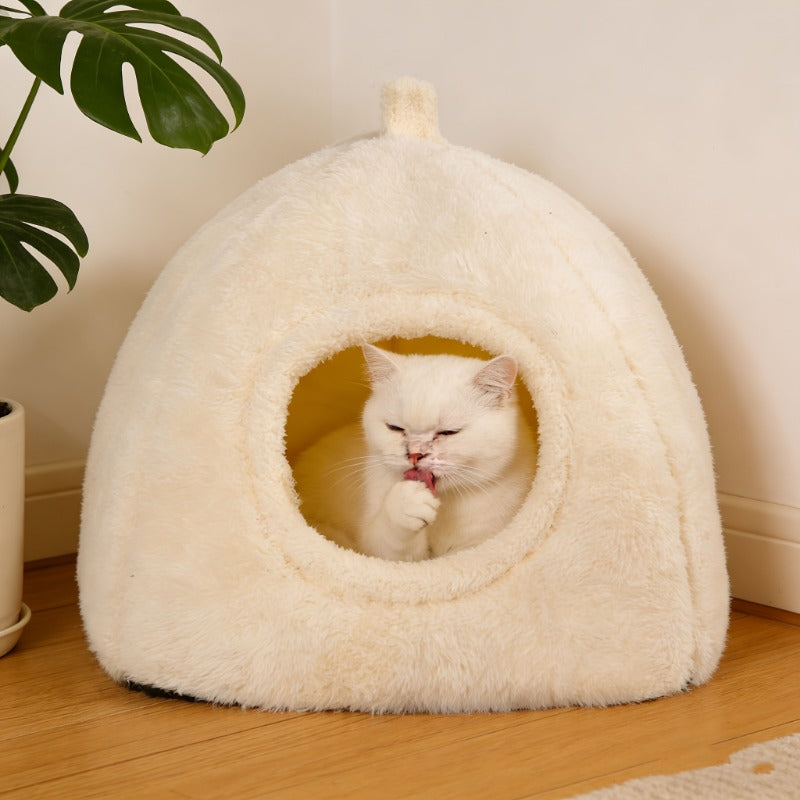 White Enclosed Cat Bed | Winter Warm Thickened Triangular Deep Sleep Pet Bed, Classic Style, Polypropylene Material