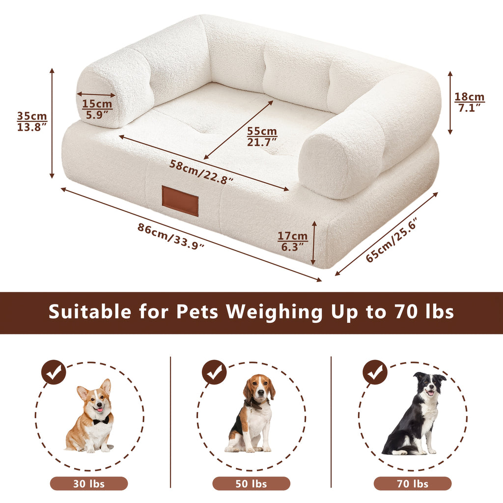 33.9-Inch Faux Pet Bed\u002FSofa with Leather Tag, Ideal for Cats And Dogs Weighing Up to 70 Pounds, Stylish White Cat Sofa Furniture, Perfect for Living Room And Bedroom
