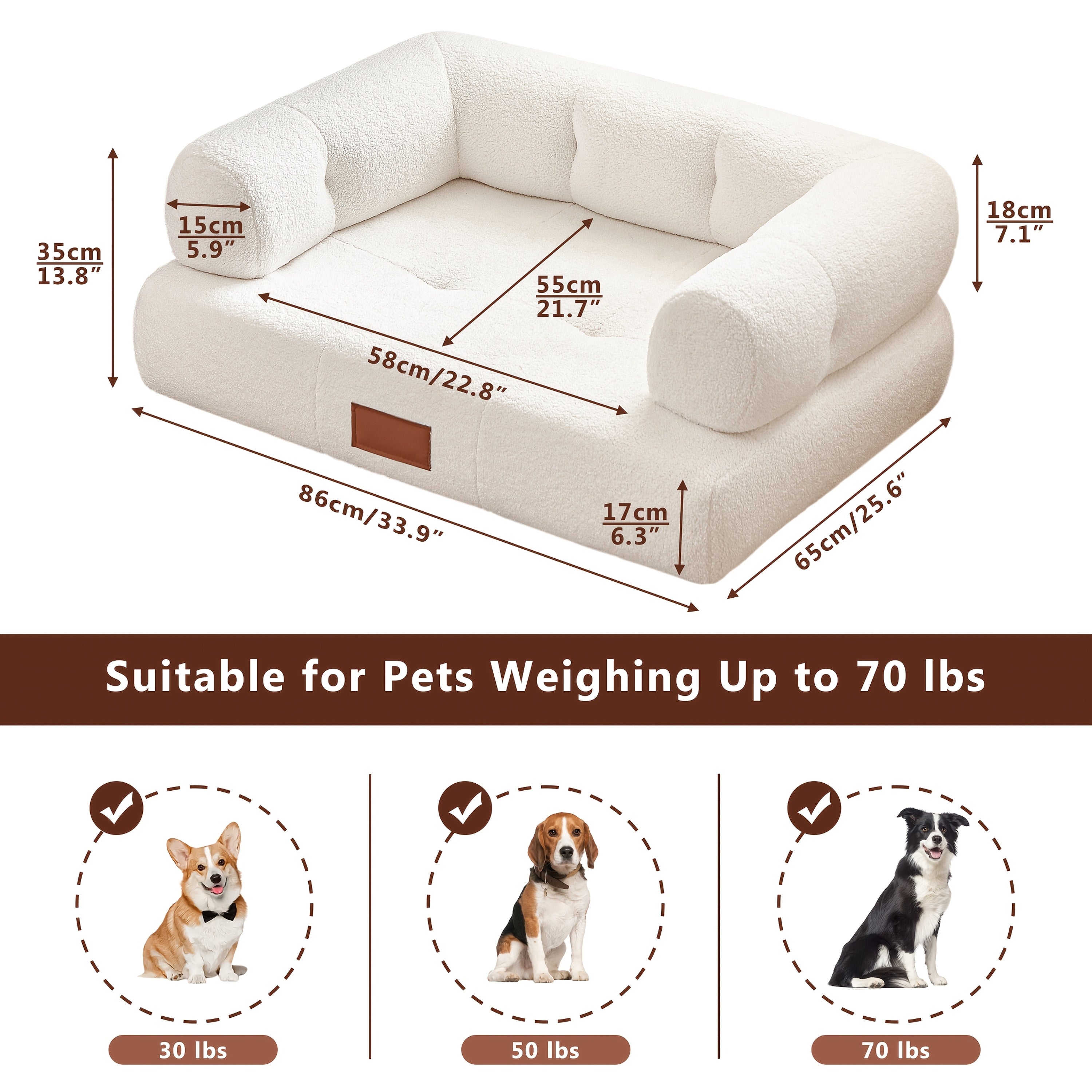 33.9-Inch Faux Pet Bed\u002FSofa with Leather Tag, Ideal for Cats And Dogs Weighing Up to 70 Pounds, Stylish White Cat Sofa Furniture, Perfect for Living Room And Bedroom