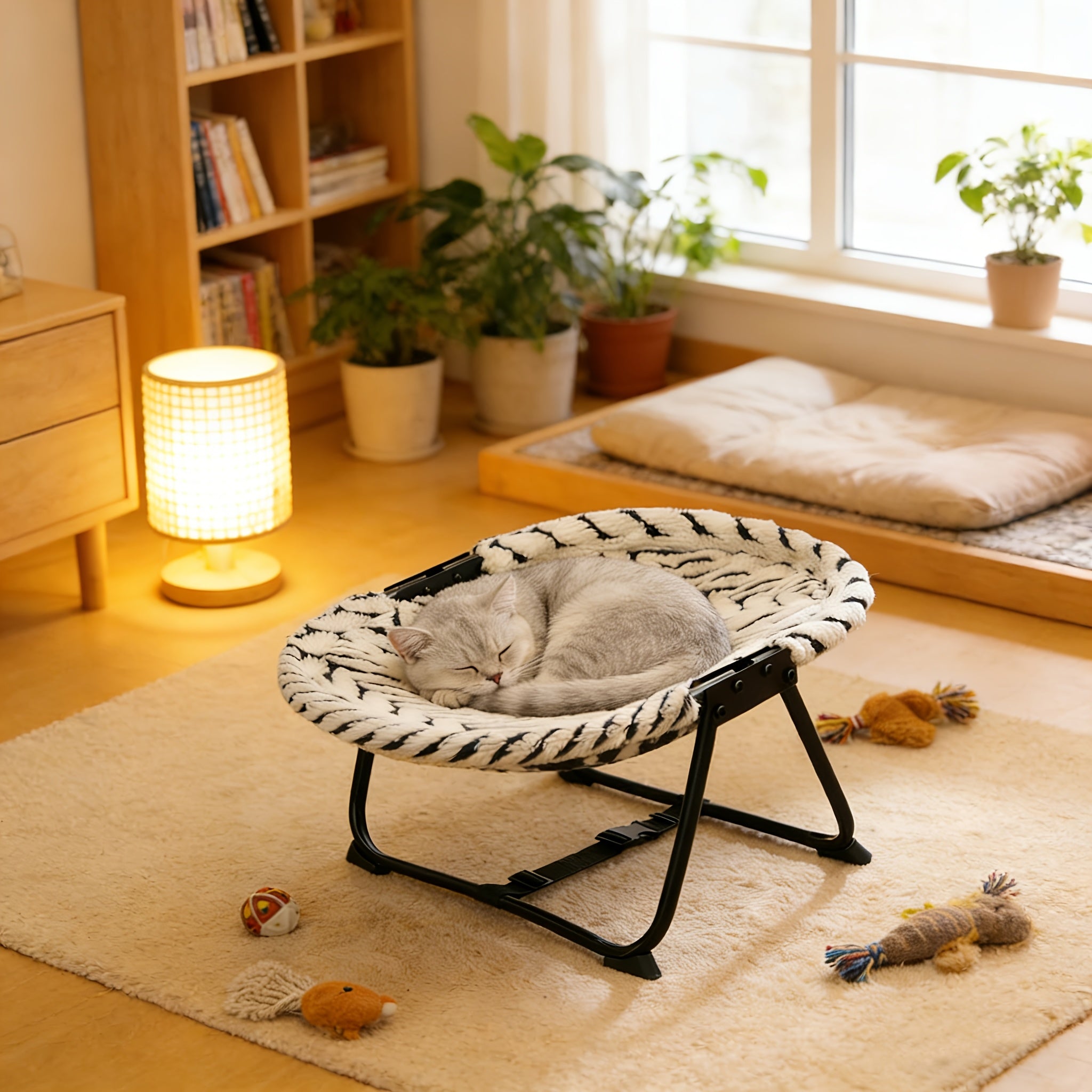 Elevated Pet Bed for Cats& Small Dogs, Foldable Raised Cat Cot with Washable Plush& Mesh Fabric, All-Season Breathable Pet Hammock Bed, Moisture-Proof Pet Sofa with Stable Metal Frame, 2 Colors Available