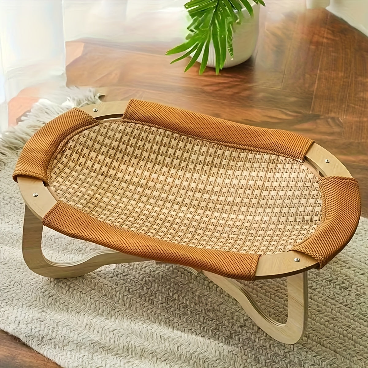 Elevated Cat Hammock Made of Wicker Featuring Breathable Mesh for Cooling, a Robust Wooden Structure, Removable for Easy Cleaning, Ideal for Both Cats And Dogs, Categorized Under Pet Supplies