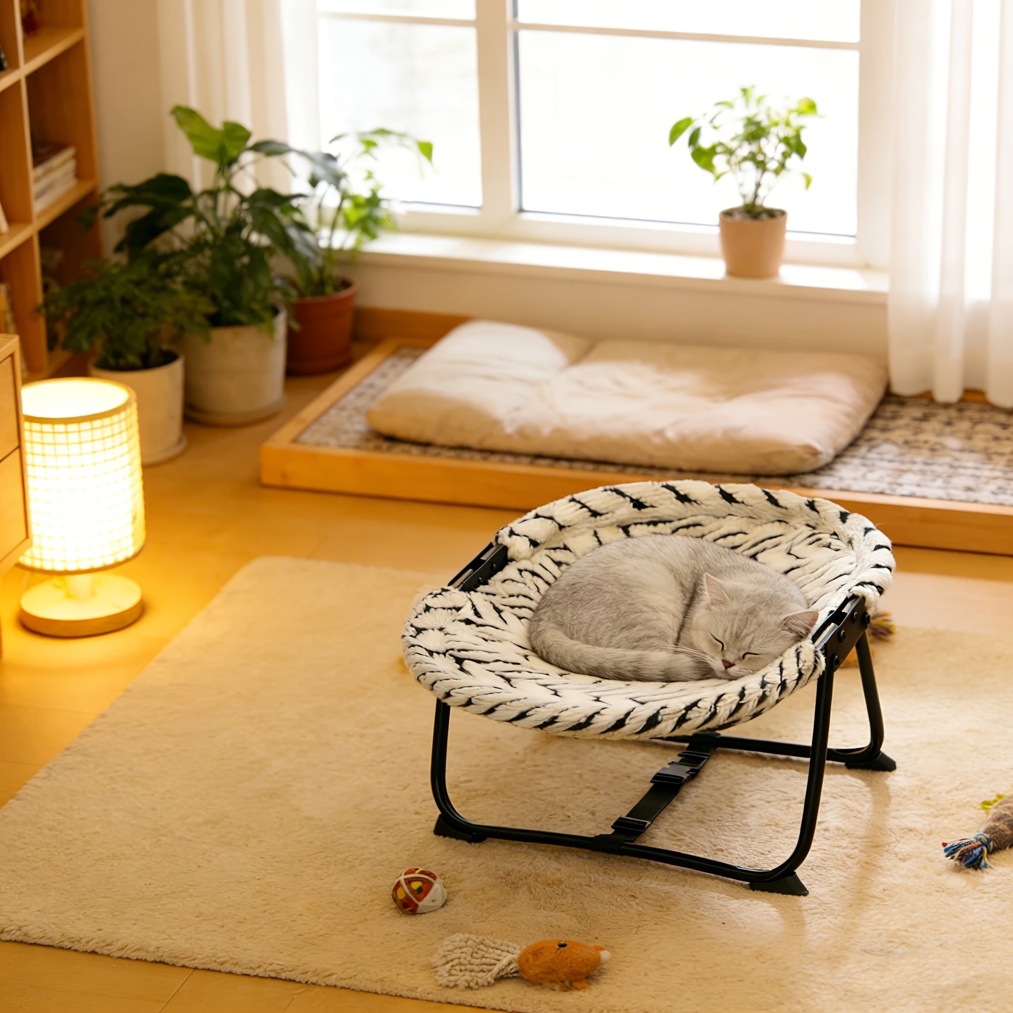 Elevated Pet Bed for Cats& Small Dogs, Foldable Raised Cat Cot with Washable Plush& Mesh Fabric, All-Season Breathable Pet Hammock Bed, Moisture-Proof Pet Sofa with Stable Metal Frame, 2 Colors Available