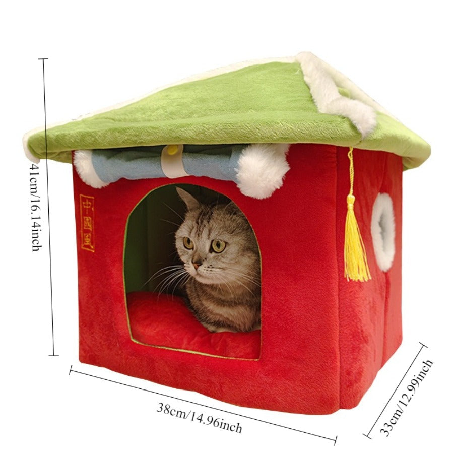 A Traditional Chinese-Style Cat Shelter, Completely Enclosed, Also Suitable for Small Dogs, Includes a Sleeping Mat for Dogs, Provides Warmth in Winter, Features a Japanese Design, Is Removable And Washable