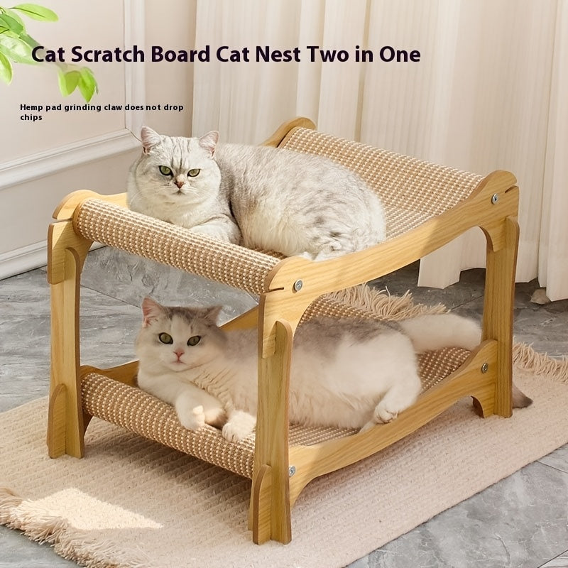 2-in-1 Cat Scratching Leisure Sofa & Bed | Multi-layer Cat Bed with Comfortable Hammock, Upgraded Wooden Base & Durable Cardboard Sofa