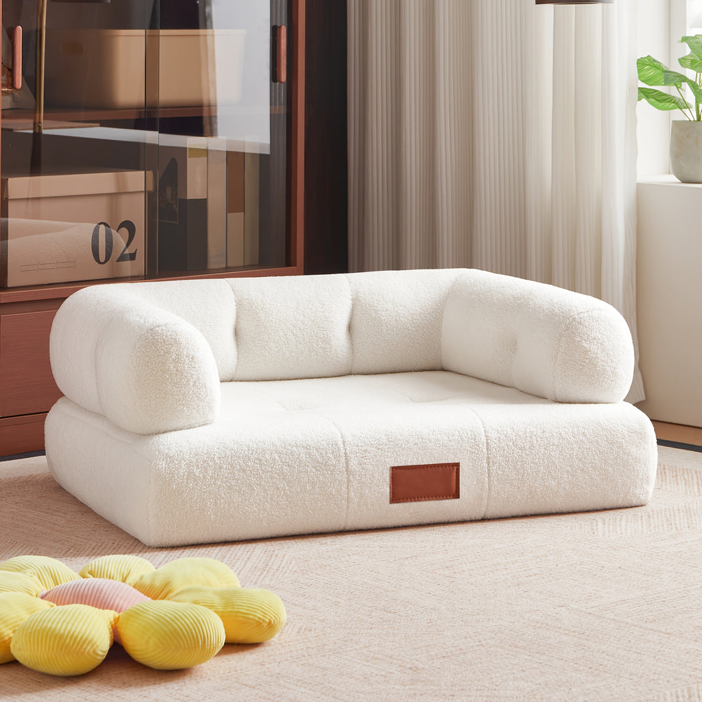 33.9-Inch Faux Pet Bed\u002FSofa with Leather Tag, Ideal for Cats And Dogs Weighing Up to 70 Pounds, Stylish White Cat Sofa Furniture, Perfect for Living Room And Bedroom