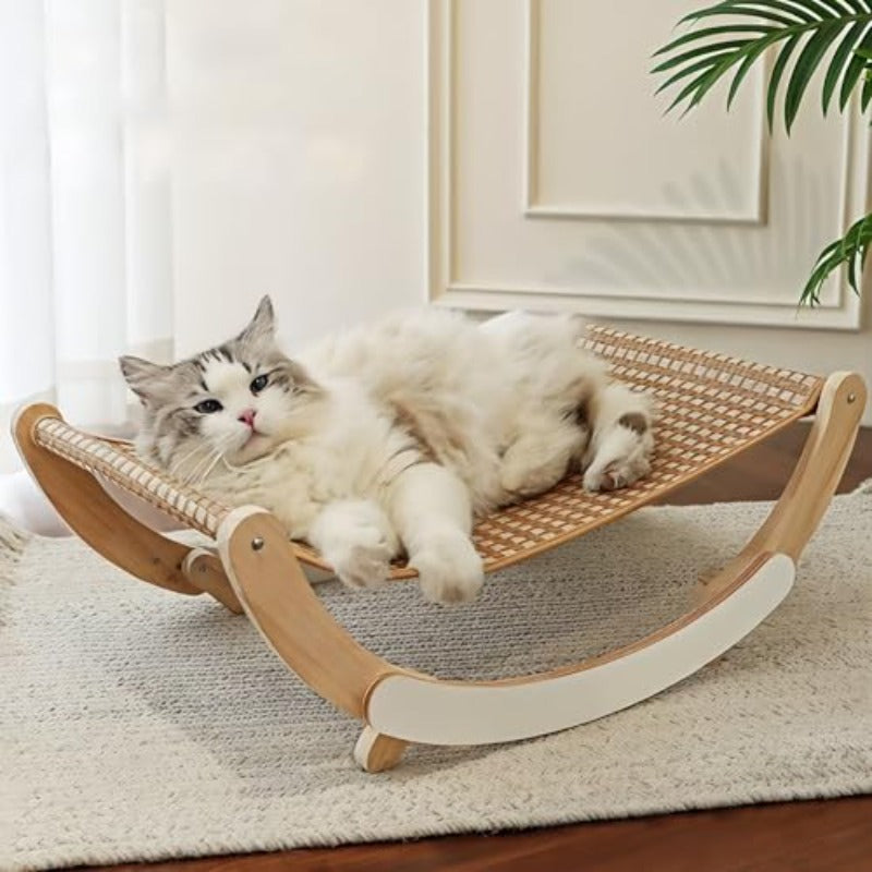 Multi-Functional Sturdy Wooden Cat Hammock Bed with Breathable Cooling Rattan Mat - Heavy-Duty Swing\u002FFixed Bed for Cats & Small Pets up to 22 lbs, \u002FOutdoor Use, Easy-Clean Design, Durable Diaper-Free Bed Frame