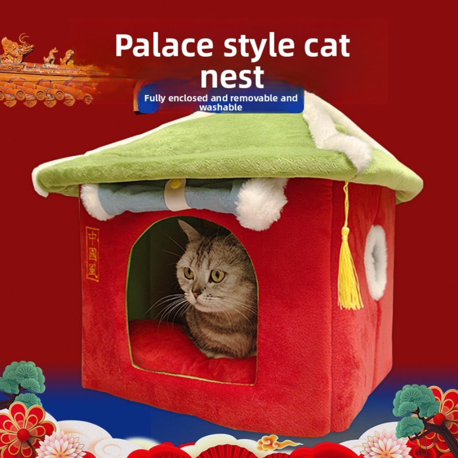 A Traditional Chinese-Style Cat Shelter, Completely Enclosed, Also Suitable for Small Dogs, Includes a Sleeping Mat for Dogs, Provides Warmth in Winter, Features a Japanese Design, Is Removable And Washable