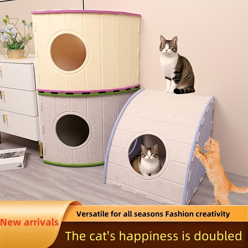 Foldable Felt Cat House, Indoor Cat Bed, Enclosed Tunnel Apartment, Scratch-Resistant, Large Pet Cat House, Assembly, Cat Scratching Board Cat Nest, Cat Tunnel, Suitable for Multi-Cat Households, Cat Hiding Spot, Cat House, Cat Den, Cat Bed