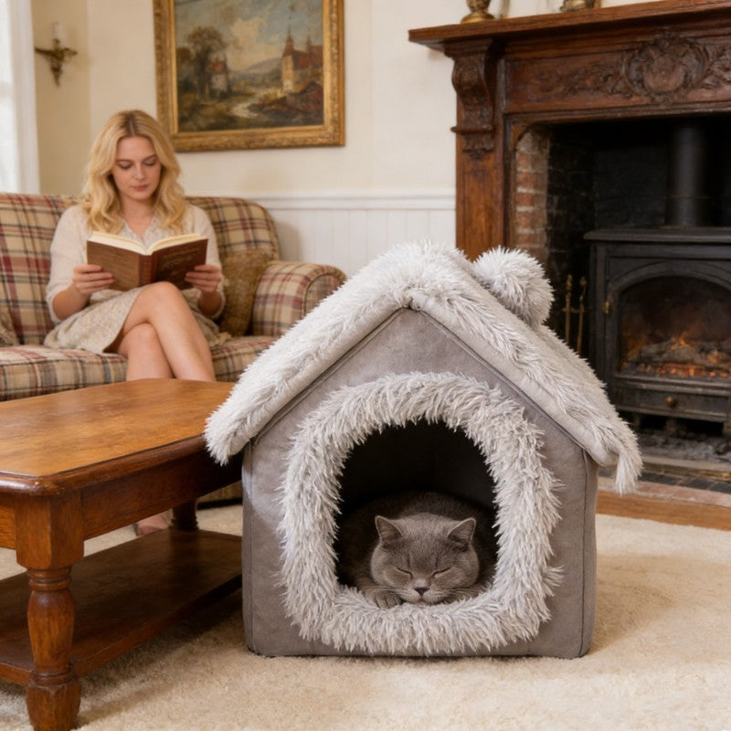 1pc Pressure-Relieving Pet Bed | High-Density Filling, Semi-Enclosed Canopy, Ideal for Study Room Companionship, Plush Warm Dog and Cat Cozy Sleeping Pad